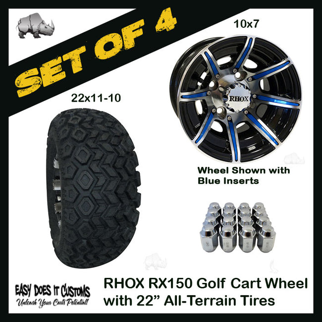 10" RHOX 8 Spoke Machined w/Gloss Black Wheels WITH 22" ALL-TERRAIN TIRES - SET OF 4 Golf Cart Wheels and Color Options