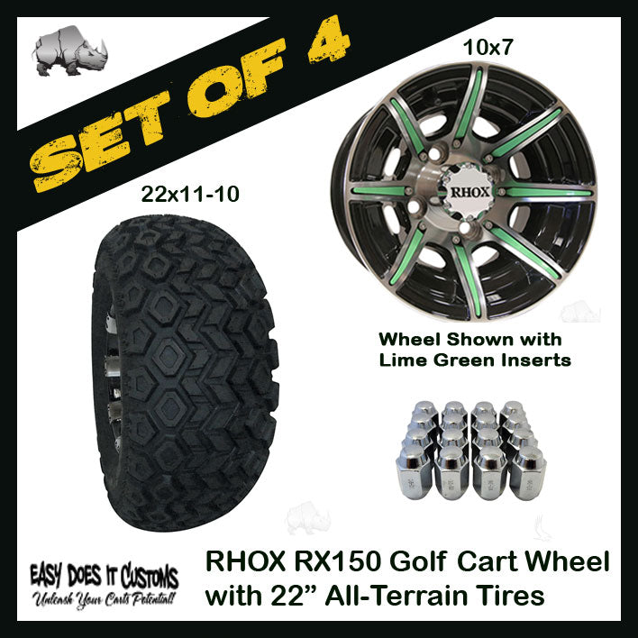 10" RHOX 8 Spoke Machined w/Gloss Black Wheels WITH 22" ALL-TERRAIN TIRES - SET OF 4 Golf Cart Wheels and Color Options