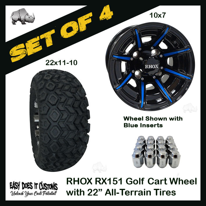 10" RHOX 8 Spoke Gloss Black Wheels WITH 22" ALL-TERRAIN TIRES - SET OF 4 Golf Cart Wheels