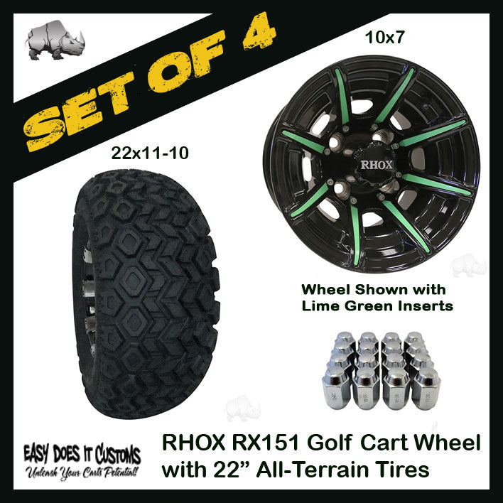 10" RHOX 8 Spoke Gloss Black Wheels WITH 22" ALL-TERRAIN TIRES - SET OF 4 Golf Cart Wheels