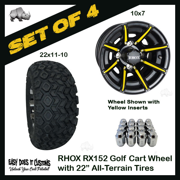 10" RHOX 8-Spoke Matte Black Wheels WITH 22" ALL-TERRAIN TIRES - SET OF 4 Golf Cart Wheels with Color Insert Options