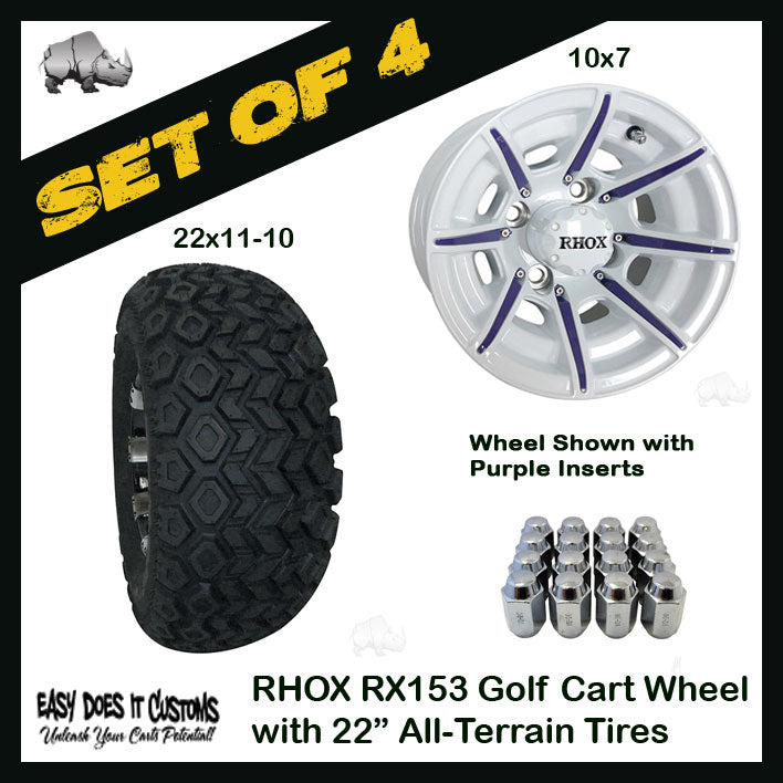 10" RHOX 8 Spoke White Wheels WITH 22" ALL-TERRAIN TIRES - SET OF 4 Golf Cart Wheels