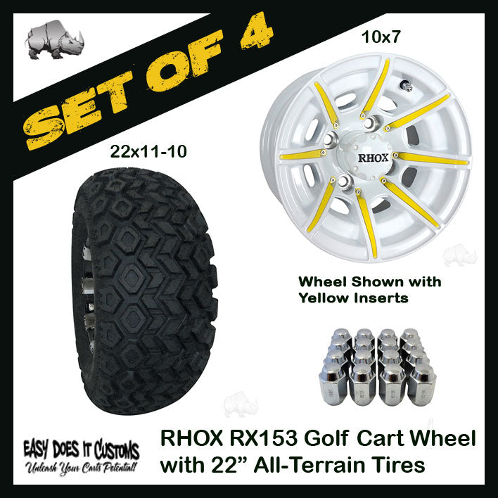10" RHOX 8 Spoke White Wheels WITH 22" ALL-TERRAIN TIRES - SET OF 4 Golf Cart Wheels