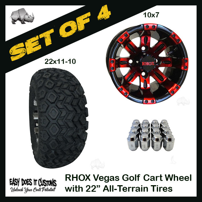10" RHOX Vegas Wheels WITH 22" ALL-TERRAIN GOLF CART TIRES IN MULTIPLE COLOR OPTIONS - SET OF 4