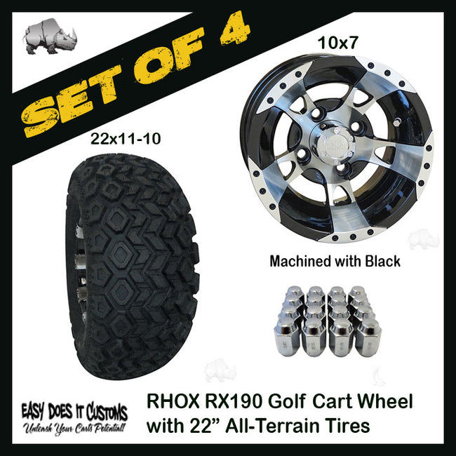 10" RHOX 5-Spoke Machined with Black Wheels WITH 22" ALL-TERRAIN TIRES - SET OF 4 Golf Cart Wheels