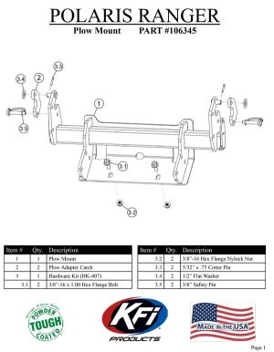 Polaris Ranger XP Kinetic (Base / Ultimate / Premium) 2023 - 2024 - KFI Plow Kit 106345
